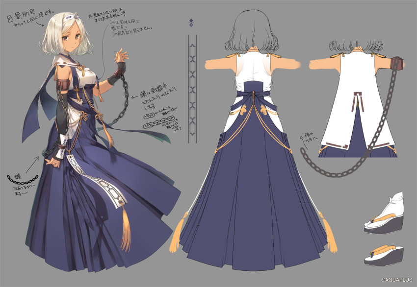 1girl, ainu_clothes, aquaplus, armband, blue_dress, breasts, brown_eyes, chain, cleavage, closed_mouth, collarbone, concept_art, dark-skinned_female, dark_skin, dress, fingerless_gloves, from_behind, from_side, full_body, gloves, gradient_eyes, gradient_hair, hairband, large_breasts, looking_at_viewer, mitsumi_misato, multicolored_eyes, multicolored_hair, multiple_views, official_art, short_hair, sideboob, silver_hair, sleeveless, standing, translation_request, utawarerumono, utawarerumono:_lost_flag, wrist_cuffs, yu-myu_(utawarerumono:_lost_flag)