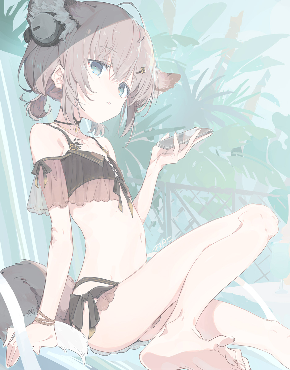 1girl, animal_ear_fluff, animal_ears, arknights, bare_legs, bare_shoulders, barefoot, behind-the-head_headphones, bikini, black_bikini, blue_eyes, cellphone, commentary, grey_hair, hair_between_eyes, hand_up, headphones, highres, holding, holding_phone, kinutani_yutaka, low_twintails, material_growth, navel, official_alternate_costume, oripathy_lesion_(arknights), parted_lips, phone, see-through_clothes, short_twintails, sitting, soles, solo, sussurro_(arknights), sussurro_(summer_flower)_(arknights), swimsuit, tail, twintails