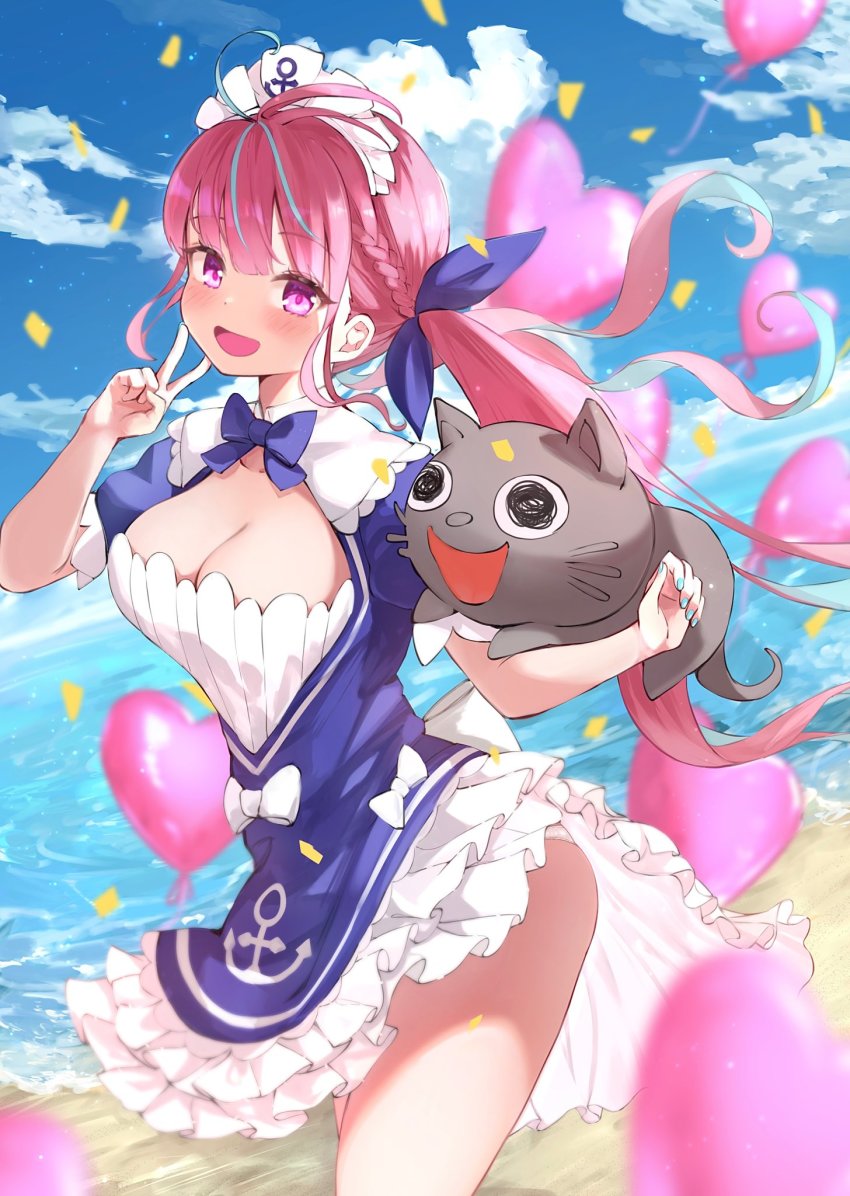 1girl, ahoge, anchor_symbol, balloon, beach, bow, braid, breasts