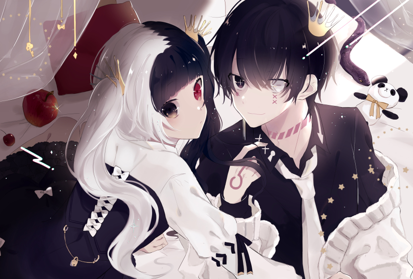 1boy, 1girl, apple, black_eyes, black_hair, black_vs_white, crown, food, fruit, heterochromia, highres, looking_at_viewer, monochrome, multicolored_hair, myuhuaki, original, pale_skin, panda, red_eyes, siblings, split-color_hair, stuffed_animal, stuffed_toy, teddy_bear, twins, twintails, white_eyes, white_hair