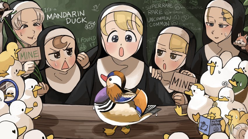 5girls, :o, animal, animal_on_head, animal_on_shoulder, ant, baby_animal, bird, black_eyes, blonde_hair, blue_eyes, blush, brown_eyes, brown_hair, bug, cat, chalkboard, cheek_press, chicken, clumsy_nun_(diva), commentary, corn, diva_(hyxpk), duck, duckling, english_commentary, english_text, flower, food_on_body, froggy_nun_(diva), grey_eyes, grey_hair, habit, hair_flower, hair_ornament, hairclip, hand_on_another's_arm, hand_on_another's_shoulder, heart, heart-shaped_eyes, highres, holding, holding_sign, insect, kitten, little_nuns_(diva), mallard, mandarin_duck, mirror, mole, mole_under_eye, mole_under_mouth, multiple_girls, nun, nun_headdress, on_head, open_mouth, ostrich, parted_bangs, reading, reflection, restrained, rope, shadow, sign, slice_of_life, smug_nun_(diva), snail, spicy_nun_(diva), strict_nun_(diva), sweatdrop, tag, traditional_nun, triangle_mouth, yellow_eyes