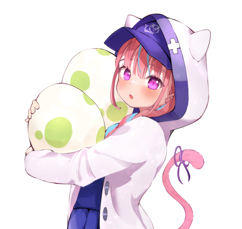 1girl, animal_hood, baseball_cap, cat_hood, cat_tail, egg, hat, holding, holding_egg, hololive, hood, jacket, looking_at_viewer, minato_aqua, minato_aqua_(sailor), multicolored_hair, open_clothes, open_jacket, open_mouth, pink_eyes, pink_hair, ribbon, satsukl_5, simple_background, solo, streaked_hair, tail, tail_ornament, tail_ribbon, upper_body, virtual_youtuber, white_background