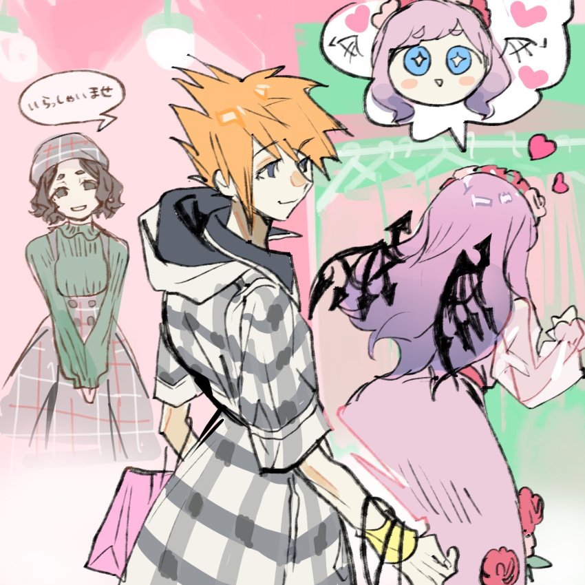 1boy, 2girls, atarashi_coco, bag, black_wings, blouse, blue_eyes, closed_mouth, dress, eyebrows, flower_wreath, green_shirt, grey_jacket, grey_overalls, heart, highres, holding, holding_bag, hoodie, jacket, long_dress, long_sleeves, multiple_girls, orange_hair, overalls, pink_dress, pink_hair, plaid_clothes, plaid_hoodie, plaid_jacket, sakuraba_neku, see-through_clothes, see-through_sleeves, shin_subarashiki_kono_sekai, shirt, shopkeeper_(twewy), shopping_bag, smile, sparkling_eyes, spiked_hair, spiked_wings, subarashiki_kono_sekai, wings, wristband