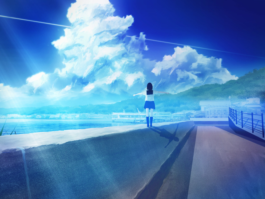 1girl, aobara1101, black_hair, black_socks, blue_sky, blue_theme, boat, cloud, commentary_request, contrail, cumulonimbus_cloud, facing_away, highres, kneehighs, ocean, original, sailor_collar, scenery, school_uniform, shadow, shirt, short_hair, sky, socks, solo, standing, summer, sunlight, watercraft, white_shirt
