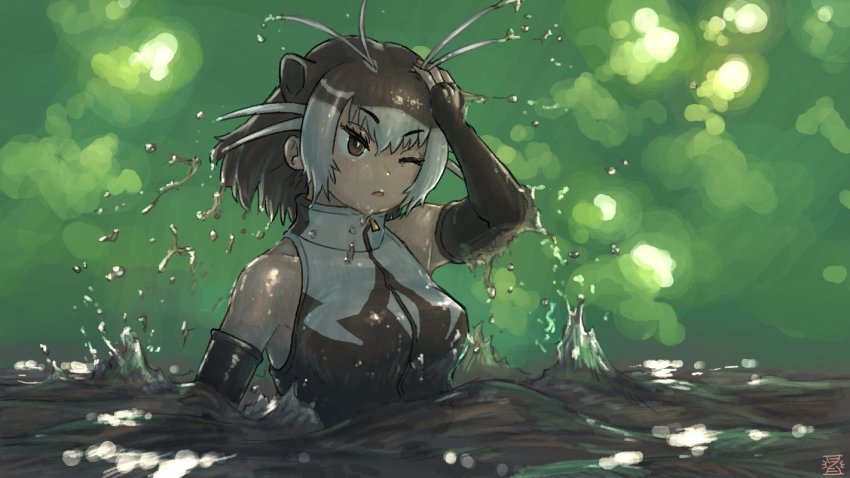 1girl, animal_ears, bare_shoulders, brown_eyes, elbow_gloves, extra_ears, fingerless_gloves, giant_otter_(kemono_friends)