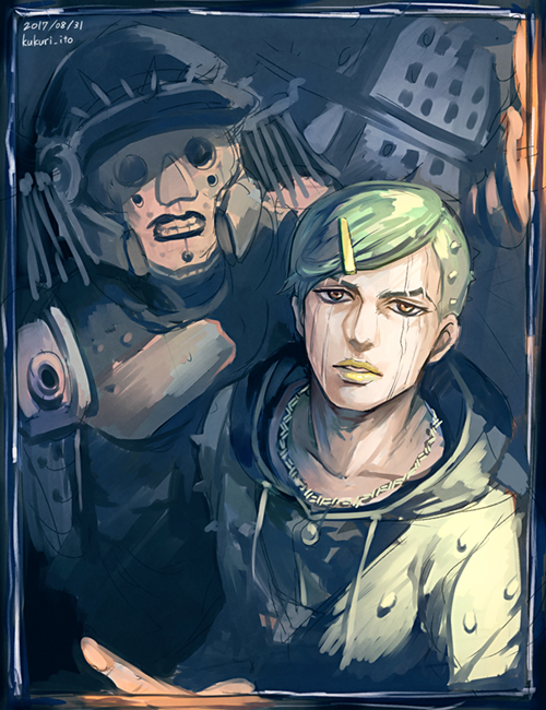 2boys, bad_id, bad_pixiv_id, dyresbroom, facial_mark, green_hair, hair_ornament, hairclip, higashikata_jobin, hood, hoodie, jojo_no_kimyou_na_bouken, jojolion, male_focus, multiple_boys, speed_king, spikes, stand_(jojo), yellow_lips