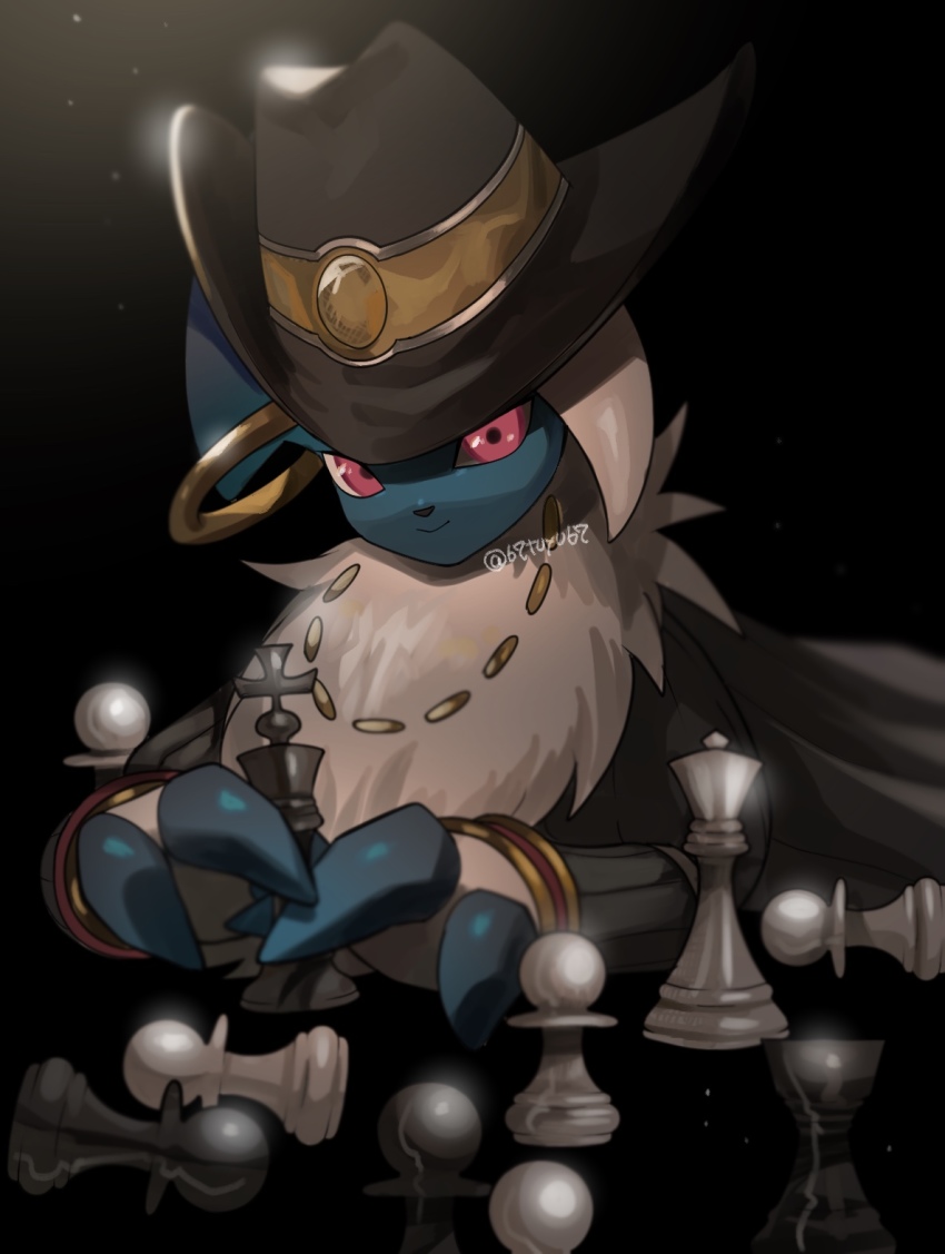 absol, absol_(dark_suit), chess_piece, claws, closed_mouth, clothed_pokemon, commentary_request, gen_3_pokemon, hat, highres, looking_at_viewer, nintendo, no_humans, pink_eyes, pokemon, pokemon_(creature), pokemon_unite, smile, solo, yukifuri_tsuyu