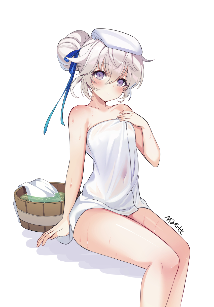 1girl, absurdres, arius_esquede, bare_shoulders, bucket, counter:side, covered_navel, highres, looking_at_viewer, maett, naked_towel, purple_eyes, see-through_clothes, simple_background, sitting, solo, towel, towel_on_head, wet, white_background, white_hair, wooden_bucket