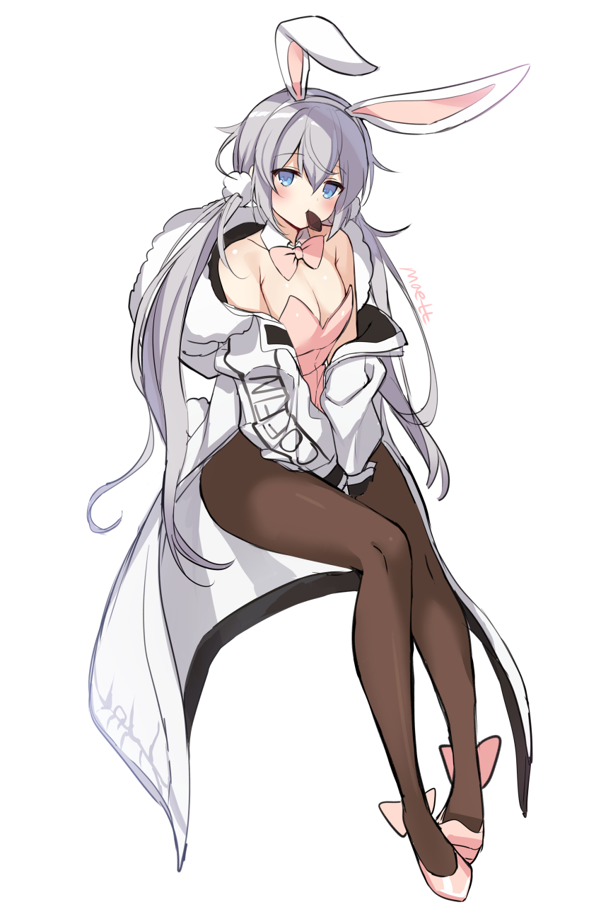 1girl, absurdres, animal_ears, blue_eyes, bow, bowtie, breasts, brown_pantyhose