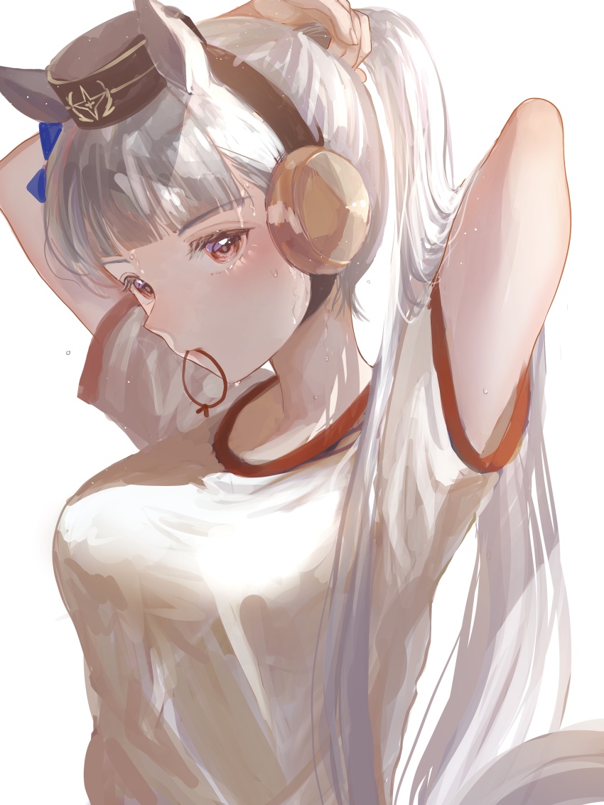 1girl, absurdres, animal_ears, arms_up, blunt_bangs, breasts, brown_eyes, closed_mouth