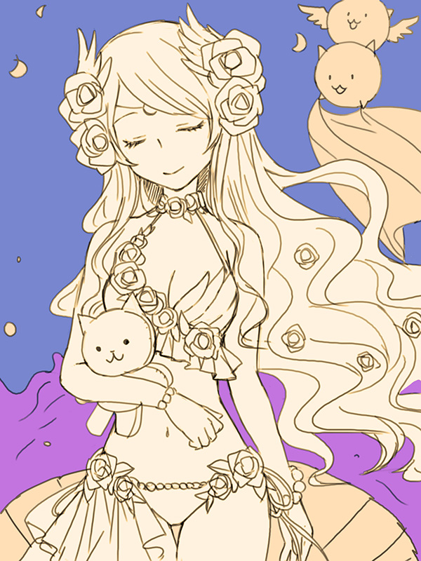 1girl, aphrodite_(nyanko_daisensou), bikini, blue_background, bubble, cat_(nyanko_daisensou), elico_nya, closed_eyes