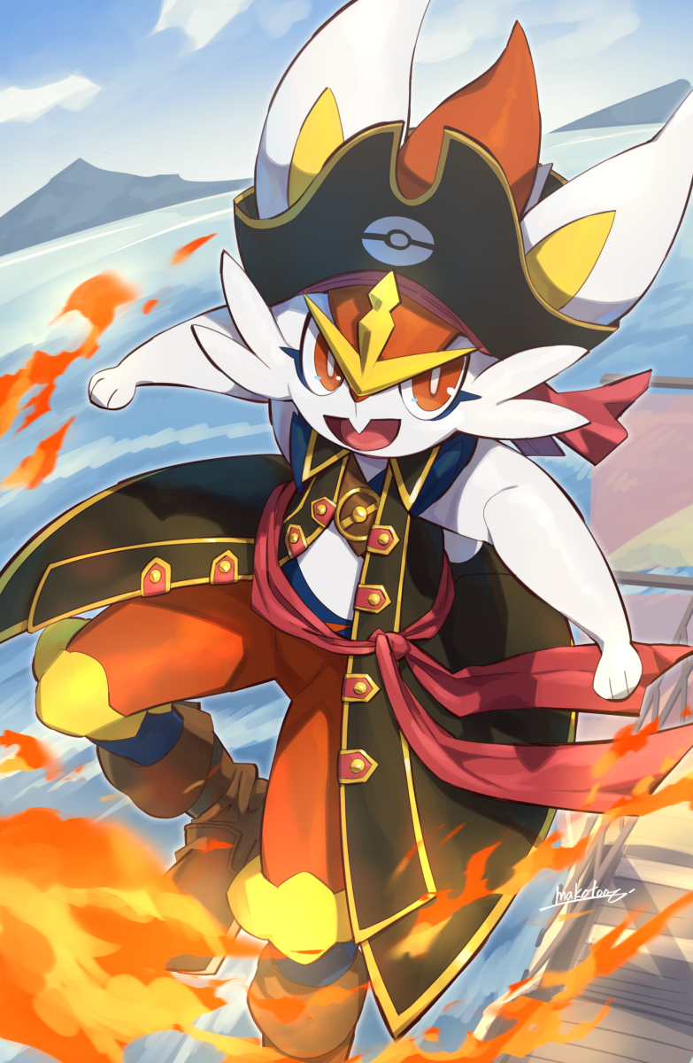 :d, boots, bright_pupils, brown_footwear, cinderace, cinderace_(captain), clothed_pokemon, cloud