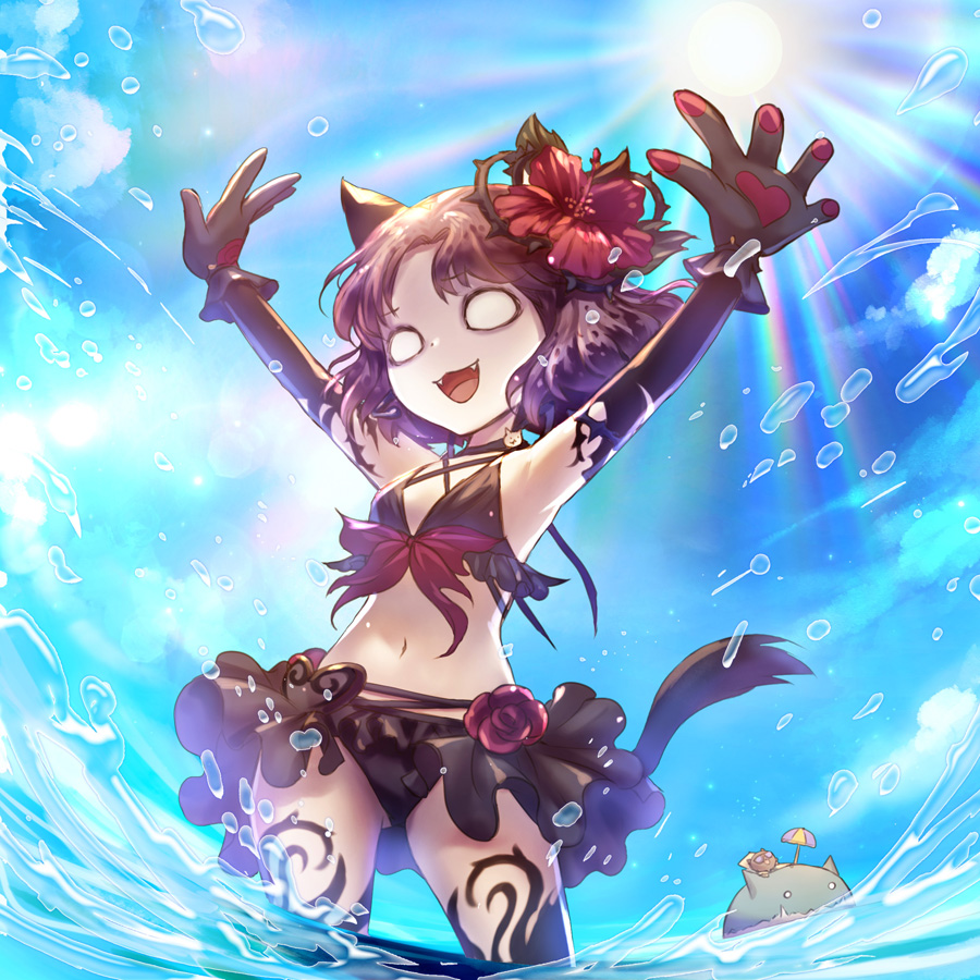 1girl, animal_ears, bikini, black_hair, blue_sky, cat_(nyanko_daisensou), cat_ears, cat_tail