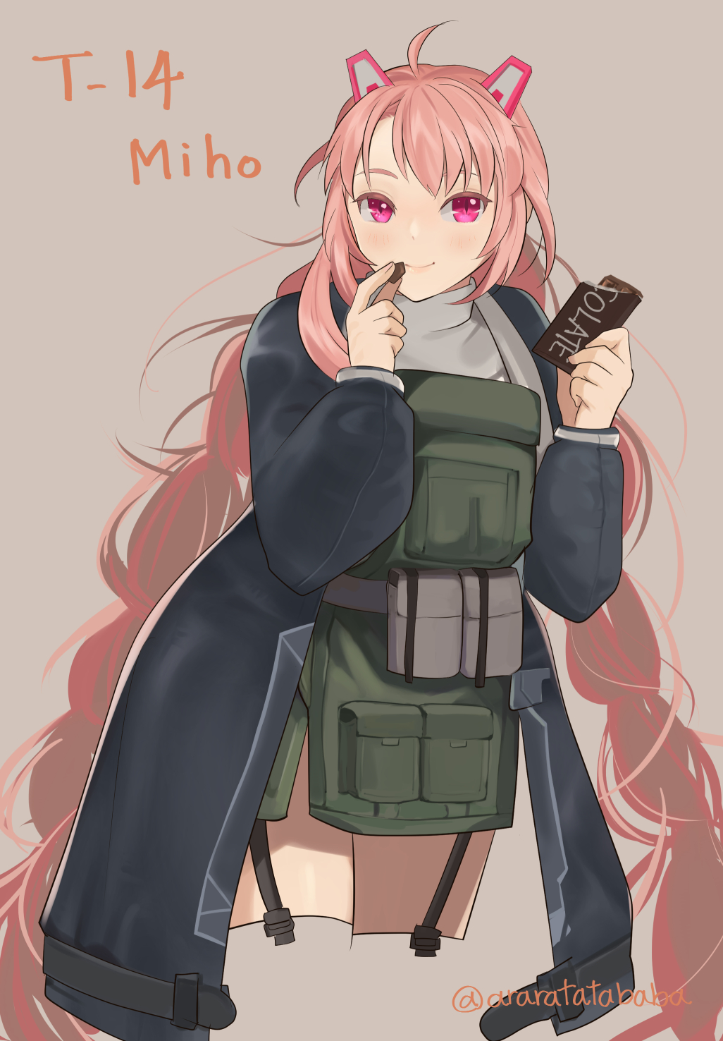 1girl, beige_background, blush, braid, candy, character_name, chocolate, chocolate_bar