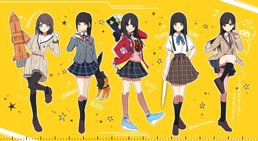 1010_mumumu, 5girls, :d, black_eyes, black_hair, blazer, blue_eyes, brown_hair