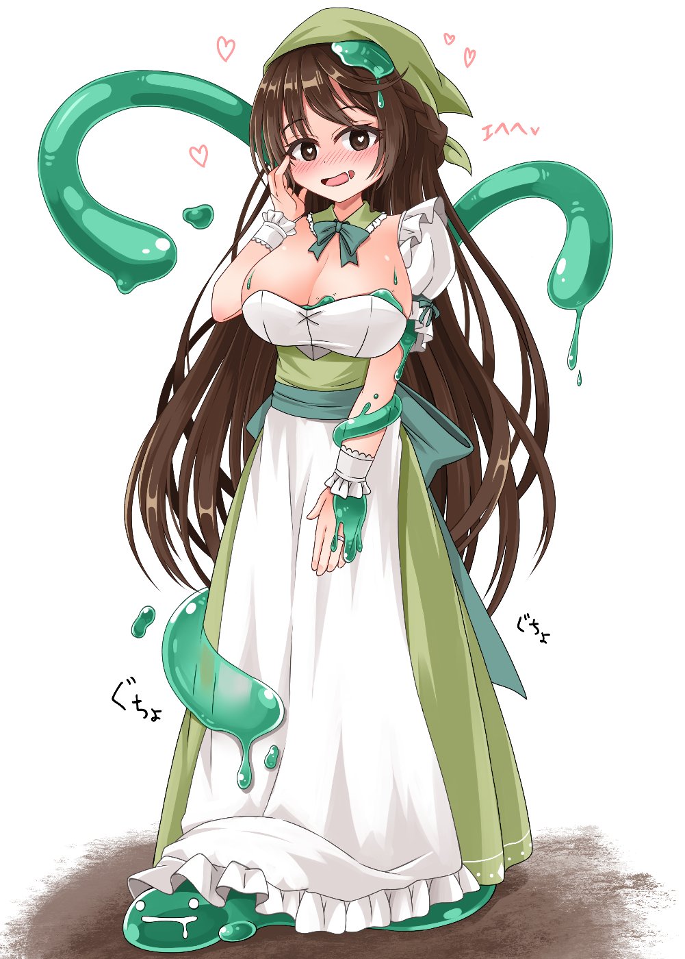 1girl, alternate_costume, blush, breasts, brown_eyes, brown_hair, character_request, check_character, cleavage, dress, full_body, green_headwear, hand_on_own_face, heart, heart-shaped_pupils, highres, large_breasts, long_dress, long_hair, looking_at_viewer, monster_girl, monster_girl_encyclopedia, monster_girl_encyclopedia_ii, nose_blush, open_mouth, parasite_slime, slime_(substance), smile, solo, sora_(sunday_sky), standing, symbol-shaped_pupils, tentacles, tentacles_under_clothes