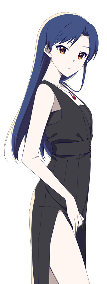 1girl, bare_arms, black_dress, blue_hair, breasts, brown_eyes, closed_mouth, dress