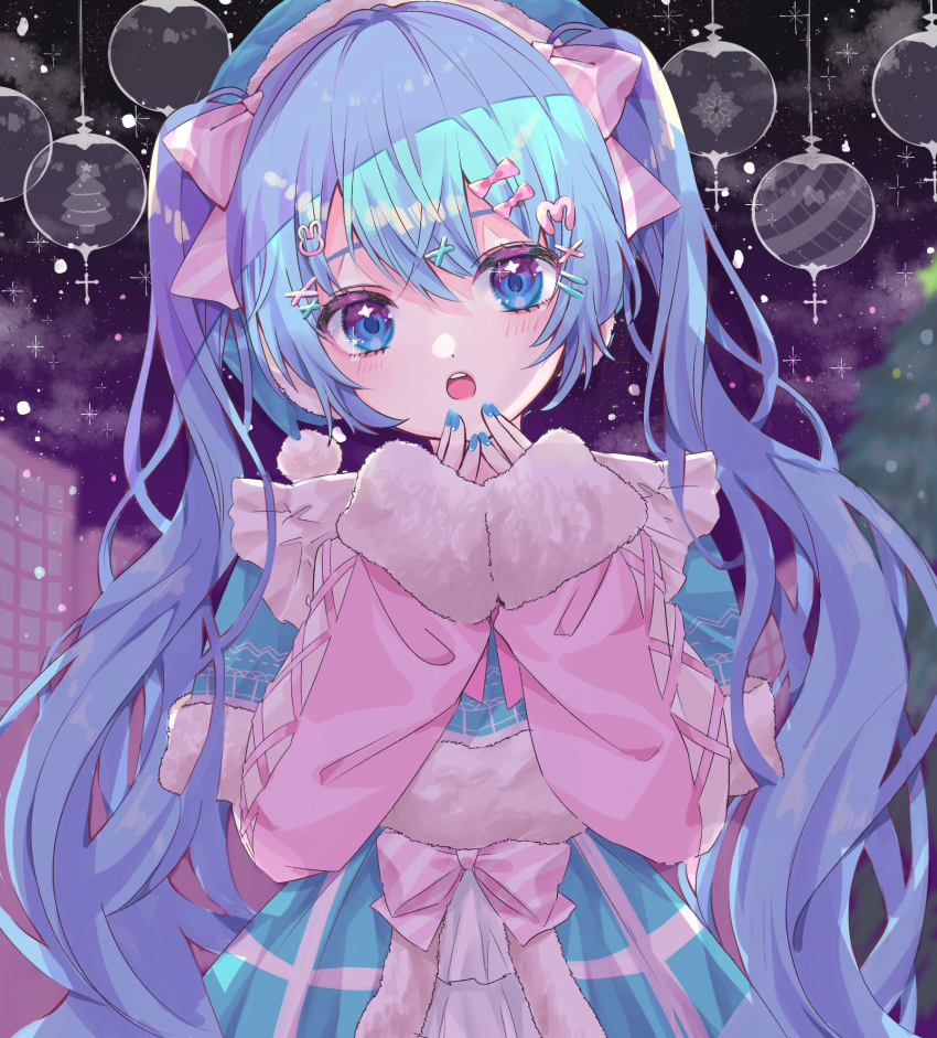 1girl, :o, blue_capelet, blue_dress, blue_hair, blue_nails, bow, capelet