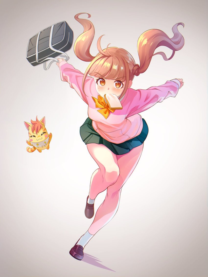 1girl, bag, blush, bow, bowtie, brown_hair, brown_shoes, camembert_chizuko