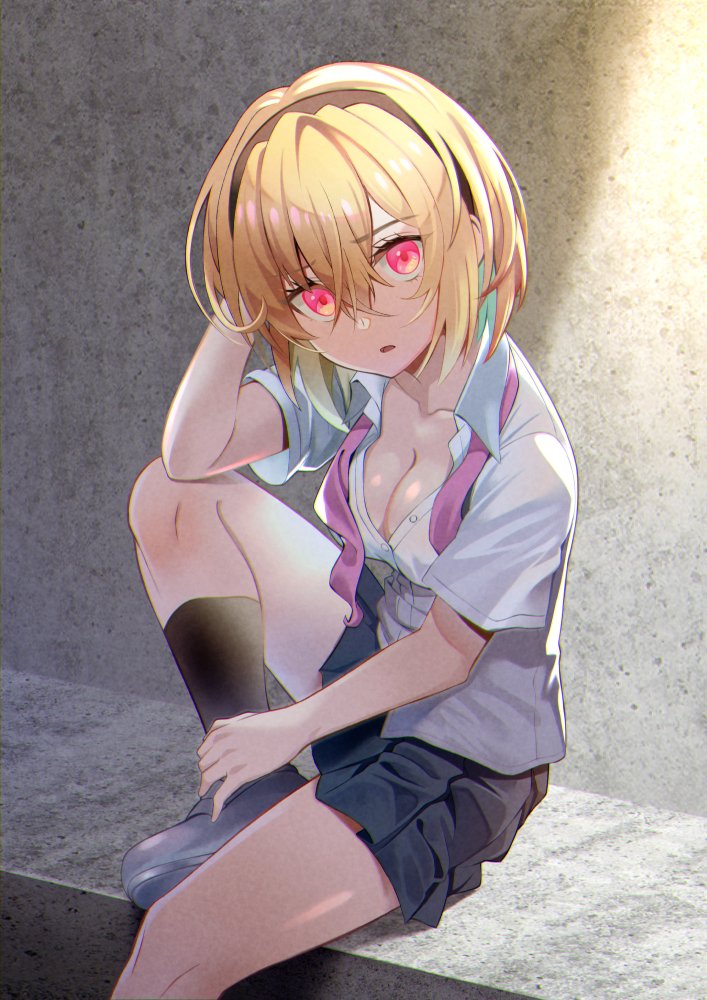 1girl, black_hairband, black_skirt, black_socks, blonde_hair, breasts, cleavage, collarbone, collared_shirt, dress_shirt, elbow_on_knee, grey_footwear, hair_between_eyes, hairband, higurashi_no_naku_koro_ni, higurashi_no_naku_koro_ni_gou, houjou_satoko, kneehighs, looking_at_viewer, medium_breasts, medium_hair, miniskirt, no_bra, open_mouth, partially_unbuttoned, pleated_skirt, red_eyes, school_uniform, shirt, sitting, skirt, socks, solo, ueyasu, white_shirt, wing_collar