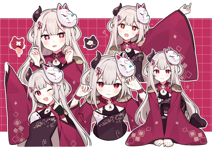 1girl, commentary_request, fox_mask, heart, heart-shaped_pupils, highres, horns, long_hair