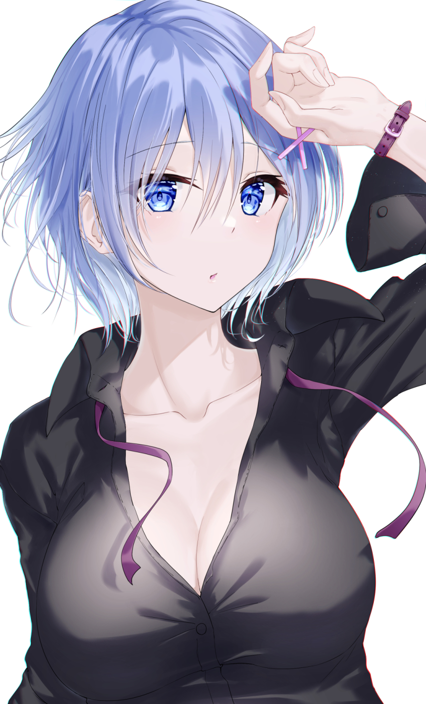1girl, bad_id, bad_pixiv_id, black_shirt, blue_eyes, blue_hair, breasts, cleavage