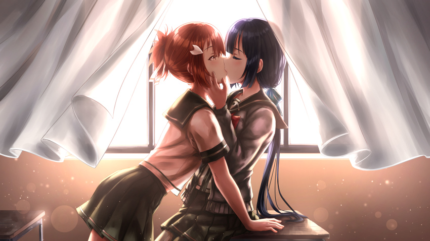 2girls, absurdres, blush, brown_eyes, brown_hair, closed_eyes, curtains, desk