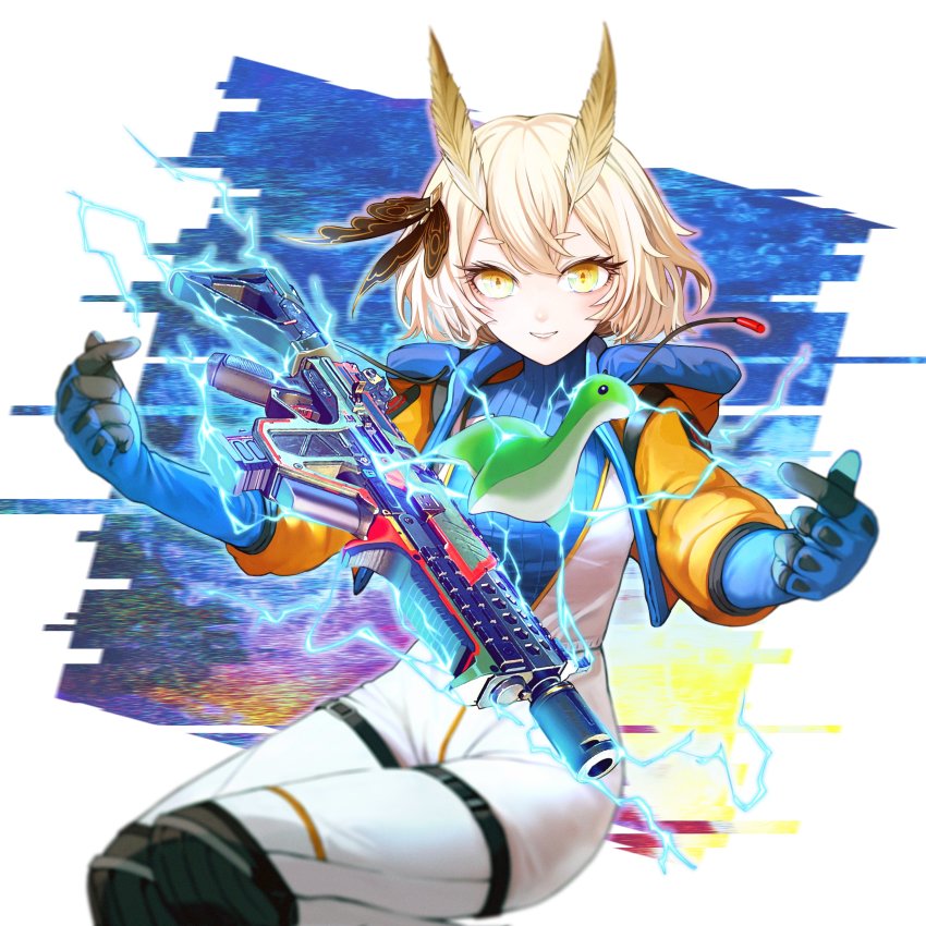 1girl, absurdres, anemia_kwus, antennae, apex_legends, arthropod_girl, blonde_hair, blue_bodysuit, bodysuit, breasts, commentary, commission, cosplay, electricity, english_commentary, floating, floating_object, floating_weapon, gun, highres, hood, hooded_jacket, indie_virtual_youtuber, insect_girl, jacket, medium_breasts, moth_girl, orange_jacket, parted_lips, pointing, ribbed_bodysuit, sanagi_yuzu, second-party_source, short_hair, skeb_commission, smile, solo, stuffed_toy, submachine_gun, virtual_youtuber, volt_smg, wattson_(apex_legends), wattson_(apex_legends)_(cosplay), weapon, white_bodysuit, yellow_eyes