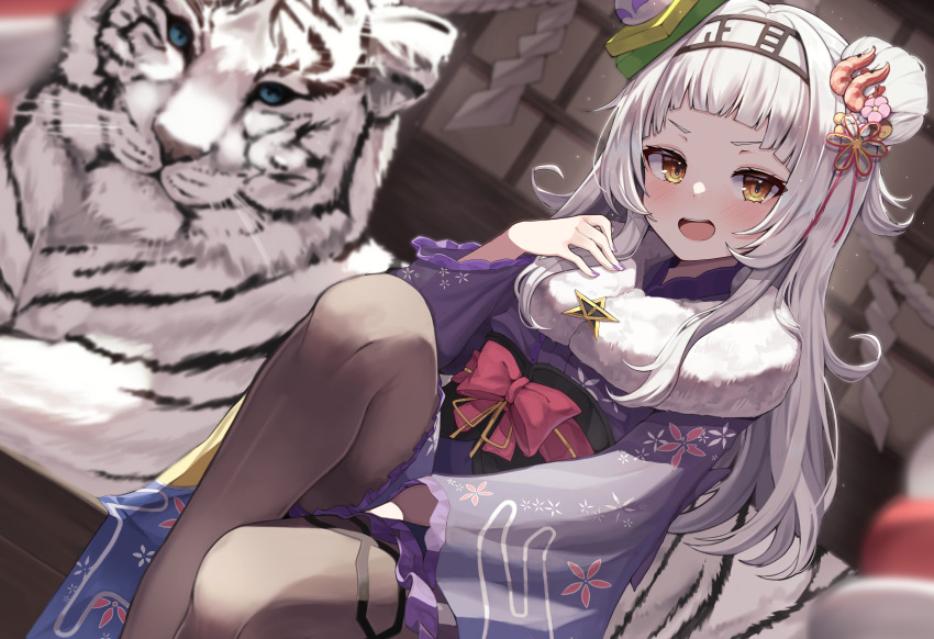 1girl, absurdres, animal, animal_hair_ornament, between_legs, blue_eyes, blunt_bangs, blurry