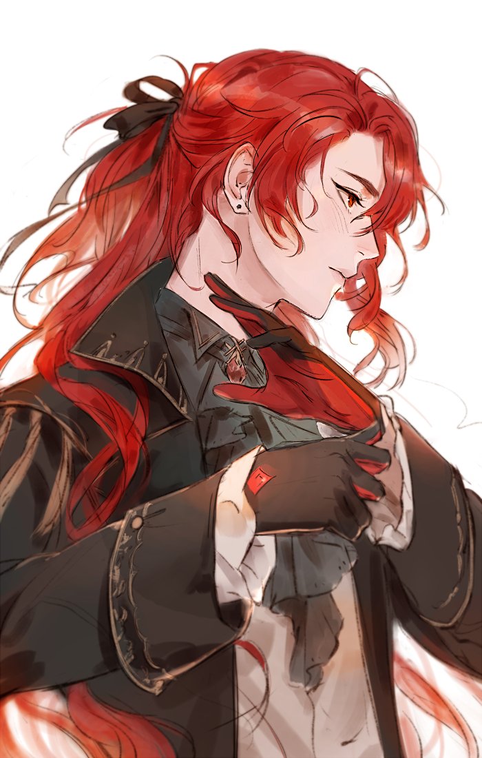 1boy, alternate_hairstyle, black_gloves, black_jacket, black_shirt, blouse, collared_shirt, diluc_(genshin_impact), earrings, from_side, genshin_impact, gloves, jacket, jewelry, kkcoocool, red_eyes, red_hair, shirt, white_background