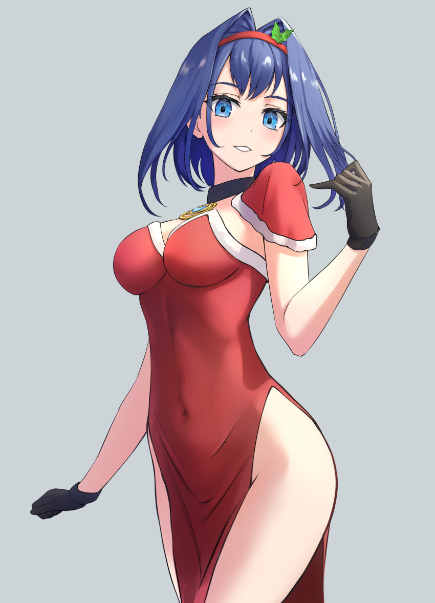 1girl, absurdres, alternate_costume, black_choker, black_gloves, blue_eyes, blue_hair, blush