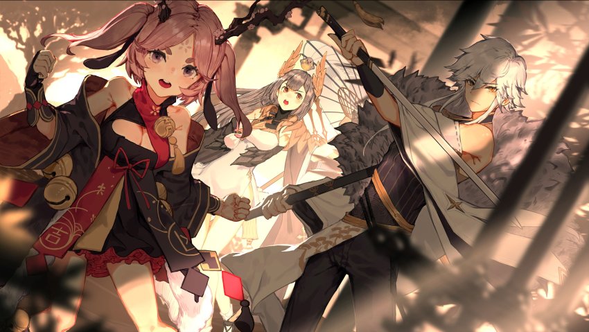 1boy, 2girls, absurdres, animal, animal_on_head, artist_request, bell, bird