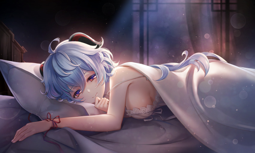 1girl, ahoge, babydoll, bare_shoulders, bed_sheet, bedroom, blue_hair, blush