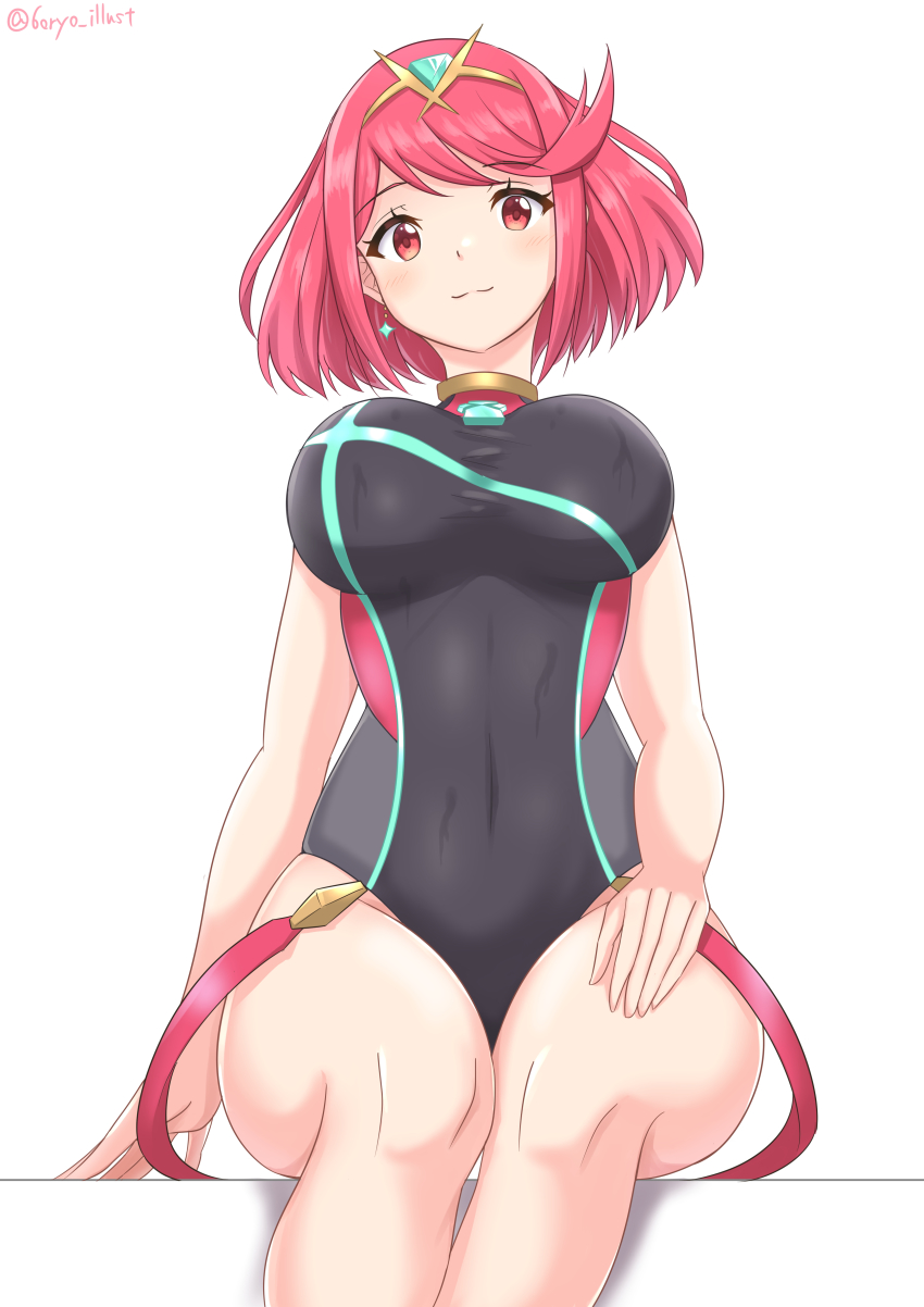 absurdres, black_one-piece_swimsuit, breasts, chest_jewel, competition_swimsuit, covered_collarbone, gem, headpiece, highres, large_breasts, one-piece_swimsuit, pyra_(pro_swimmer)_(xenoblade), pyra_(xenoblade), red_eyes, red_hair, red_one-piece_swimsuit, ribbed_swimsuit, ryochan96154, short_hair, solo, strapless, strapless_one-piece_swimsuit, swept_bangs, swimsuit, tiara, two-tone_swimsuit, xenoblade_chronicles_(series), xenoblade_chronicles_2