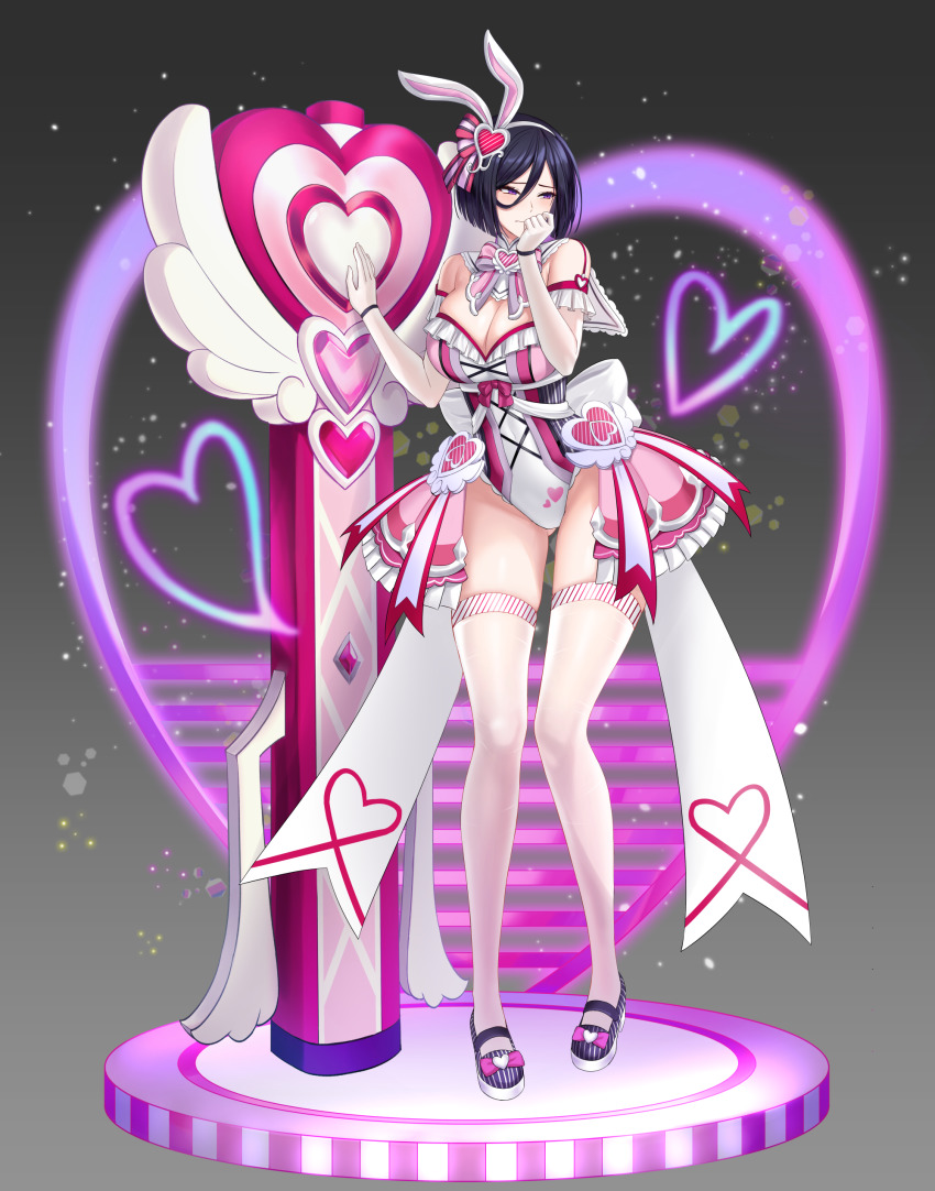 1girl, absurdres, alternate_costume, animal_ears, averting_eyes, bindong, black_hair, breasts, cleavage, counter:side, covered_navel, elbow_gloves, full_body, gloves, gluteal_fold, hair_between_eyes, hair_ornament, hayami_sanae, heart, heart_hair_ornament, highres, purple_eyes, rabbit_ears, solo, thighhighs, white_gloves, white_thighhighs
