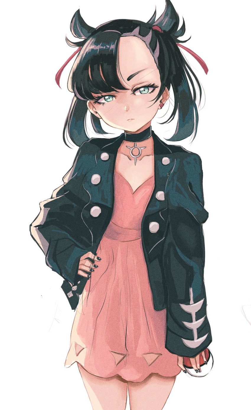 1girl, asymmetrical_bangs, black_choker, black_hair, black_jacket, black_nails, choker, cowboy_shot