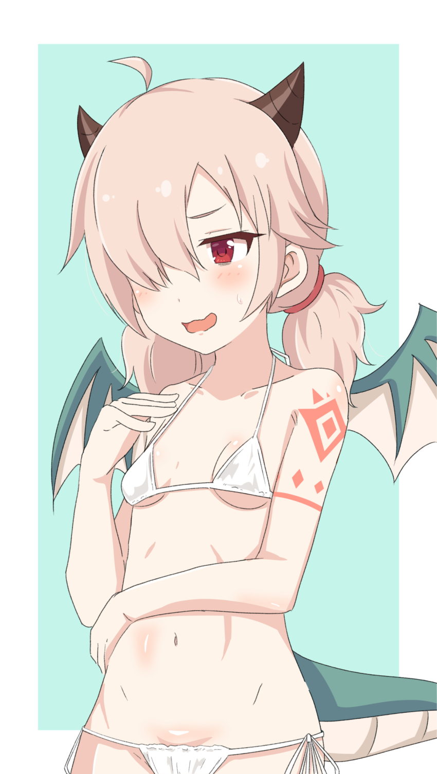 1girl, absurdres, bikini, blush, dragon_girl, dragon_horns, dragon_tail, highres
