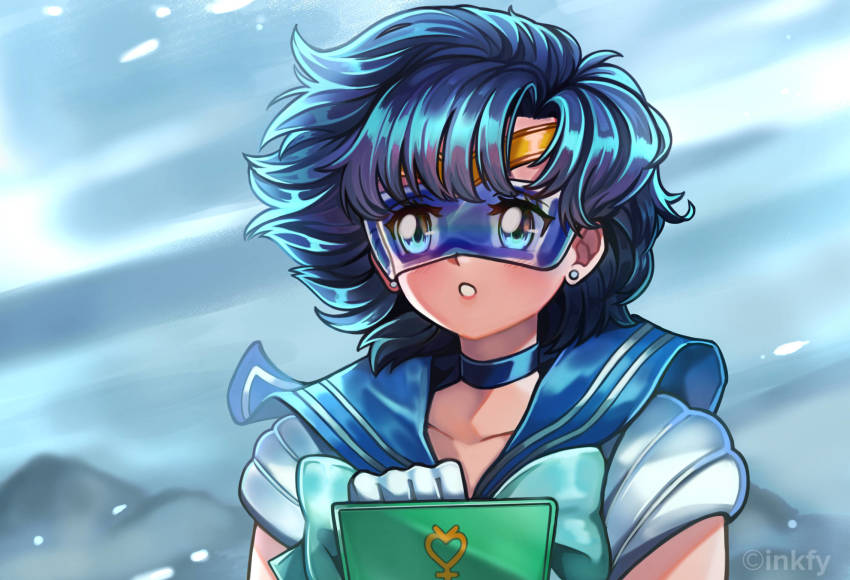 bishoujo_senshi_sailor_moon, bishoujo_senshi_sailor_moon_(first_season), blue-tinted_eyewear, blue_choker, blue_eyes, blue_hair, blue_sailor_collar, choker, circlet, collarbone, derivative_work, earrings, gloves, highres, inkfy, jewelry, magical_girl, mercury_symbol, mizuno_ami, sailor_collar, sailor_mercury, sailor_senshi_uniform, screenshot_redraw, short_hair, sideways_glance, snowing, solo, stud_earrings, super_computer_(sailor_moon), tinted_eyewear, upper_body, visor, white_gloves