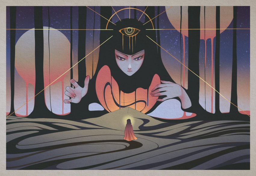 1girl, 1other, absurdres, black_hair, border, circle, cloak, desert