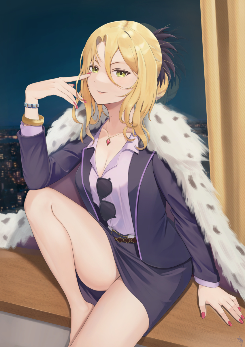 1girl, barefoot, blonde_hair, bracelet, breasts, capelet, christina_(princess_connect!), christina_(real)_(princess_connect!), cleavage, collarbone, commentary, eyewear_hang, fur-trimmed_capelet, fur_trim, gem, hair_between_eyes, hair_bun, highres, index_finger_raised, indoors, jewelry, kamota_(kamotadm), knee_up, looking_at_viewer, mature_female, medium_breasts, miniskirt, nail_polish, necklace, night, office_lady, parted_bangs, parted_lips, pencil_skirt, pointing, pointing_at_self, princess_connect!, red_gem, red_nails, sidelocks, single_hair_bun, sitting, skirt, smile, solo, sunglasses, unworn_eyewear, yellow_eyes