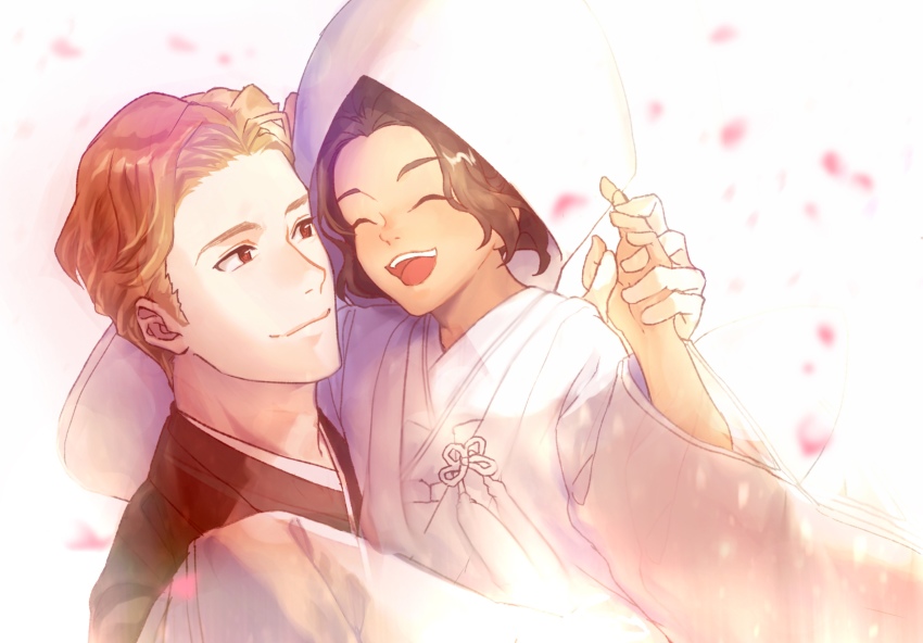 1boy, 1girl, :d, brown_eyes, dark-skinned_female, dark_skin, closed_eyes, highres