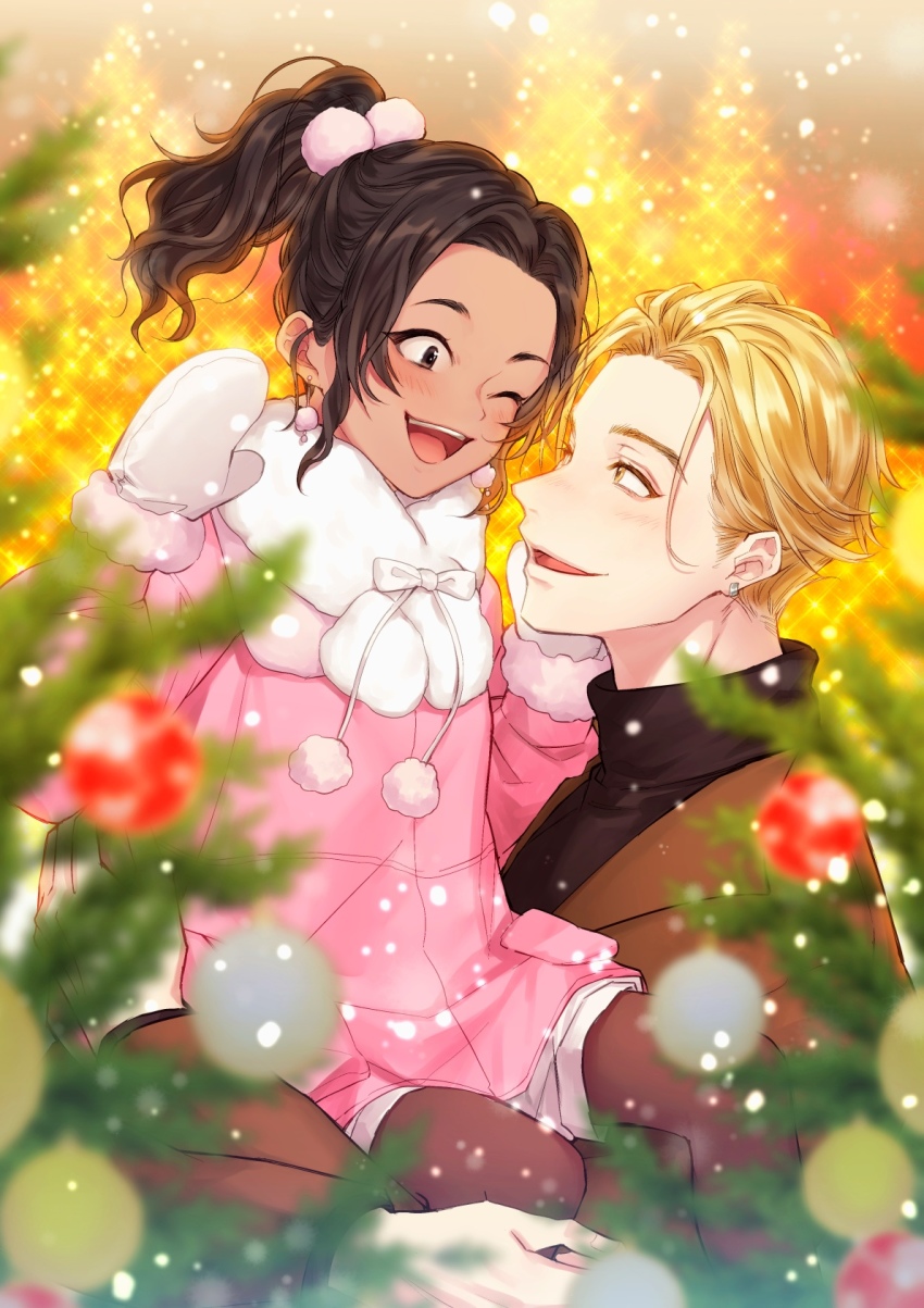 1boy, 1girl, ;d, black_pantyhose, blonde_hair, blurry, blurry_foreground, brown_hair