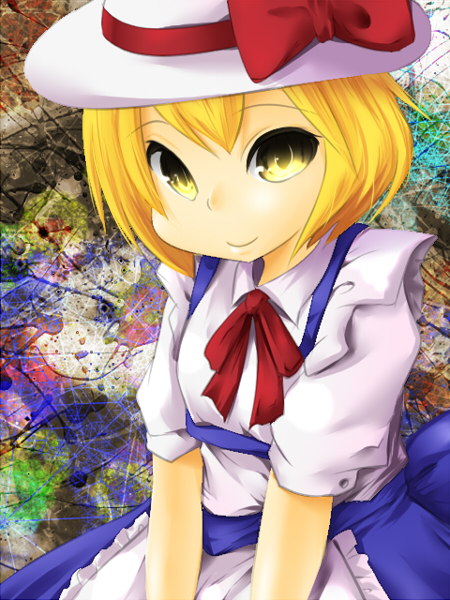 1girl, aki_(akikaze_asparagus), apron, autumn_(artist), blonde_hair, bow, female_focus, hat, hat_bow, kana_anaberal, phantasmagoria_of_dim.dream, poltergeist, short_hair, short_sleeves, solo, touhou, touhou_(pc-98), yellow_eyes