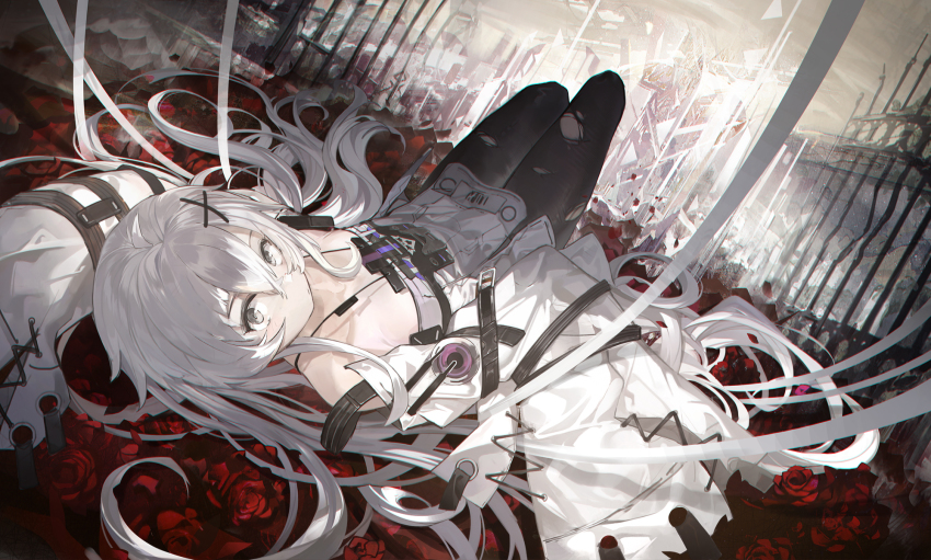 1girl, ahoge, arm_behind_head, bare_shoulders, black_leggings, buckle, closed_mouth, collarbone