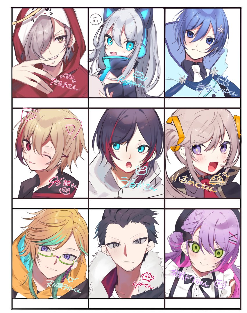 4girls, 5boys, 96neko, absurdres, amagase_laito, animal_ear_headphones, animal_ears, beret