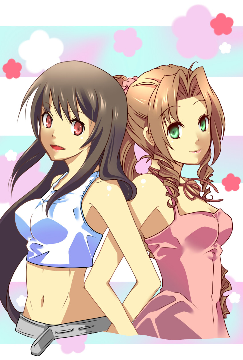 1990s_(style), 2girls, aerith_gainsborough, bare_shoulders, belt, black_hair, brown_hair, dress, female_focus, final_fantasy, final_fantasy_vii, green_eyes, happy, highres, light_rain_(artist), locked_arms, long_hair, midriff, multiple_girls, pink_dress, ponytail, red_eyes, smile, square_enix, tank_top, tifa_lockhart, tomoshibi_(vdn)