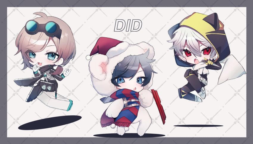 3boys, :o, airborne, animal_costume, animal_hood, apex_legends, bear_costume, black_bodysuit