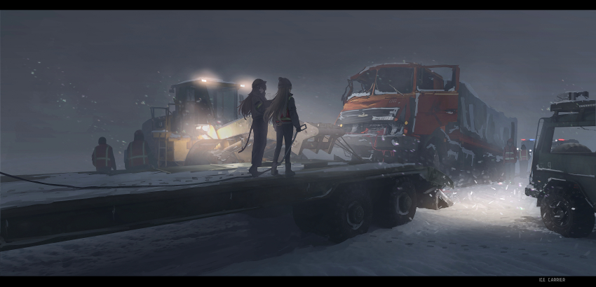 2girls, absurdres, accident, chinese_commentary, coat, commentary_request, daria_(haguruma_c), flatbed_truck, haguruma_c, highres, ice, knit_hat, letterboxed, lowboy_(trailer), lowboy_trailer, motor_vehicle, multiple_boys, multiple_girls, night, original, snow, snowplow, sweater, tow_hook, trailer, truck, viveka_(haguruma_c), winter_clothes, winter_coat, wreckage
