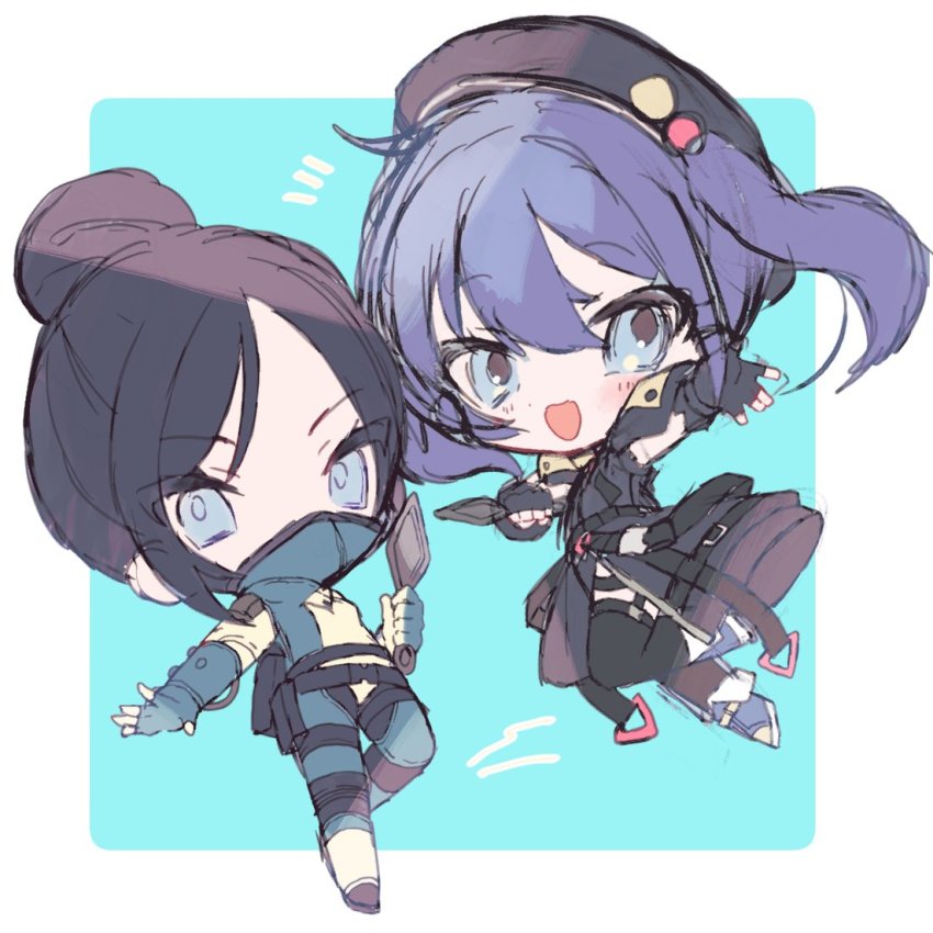 2girls, animification, apex_legends, beret, black_gloves, black_headwear, black_jacket, black_legwear