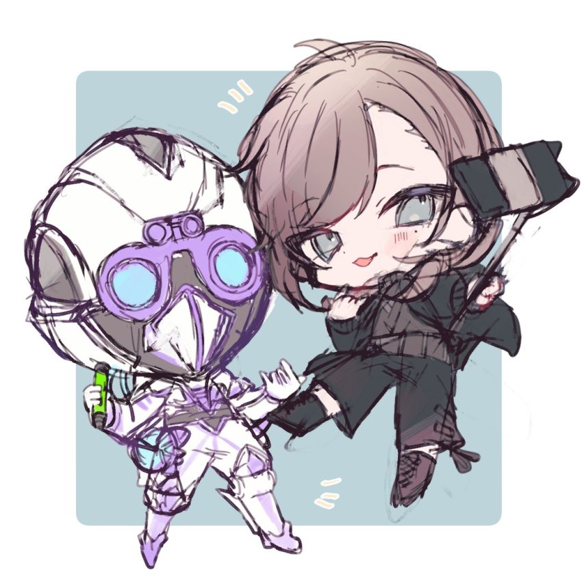 2boys, \m/, animification, apex_legends, arachnoid_rush_octane, black_footwear, black_jacket, black_pants, brown_hair, chibi, goggles, grey_sweater, helmet, holding, holding_syringe, jacket, kanae_(8th_costume)_(nijisanji), kanae_(nijisanji), kom0980, male_focus, mask, mechanical_legs, multiple_boys, nijisanji, octane_(apex_legends), official_alternate_costume, pants, selfie, selfie_stick, sketch, smile, sweater, syringe, virtual_youtuber
